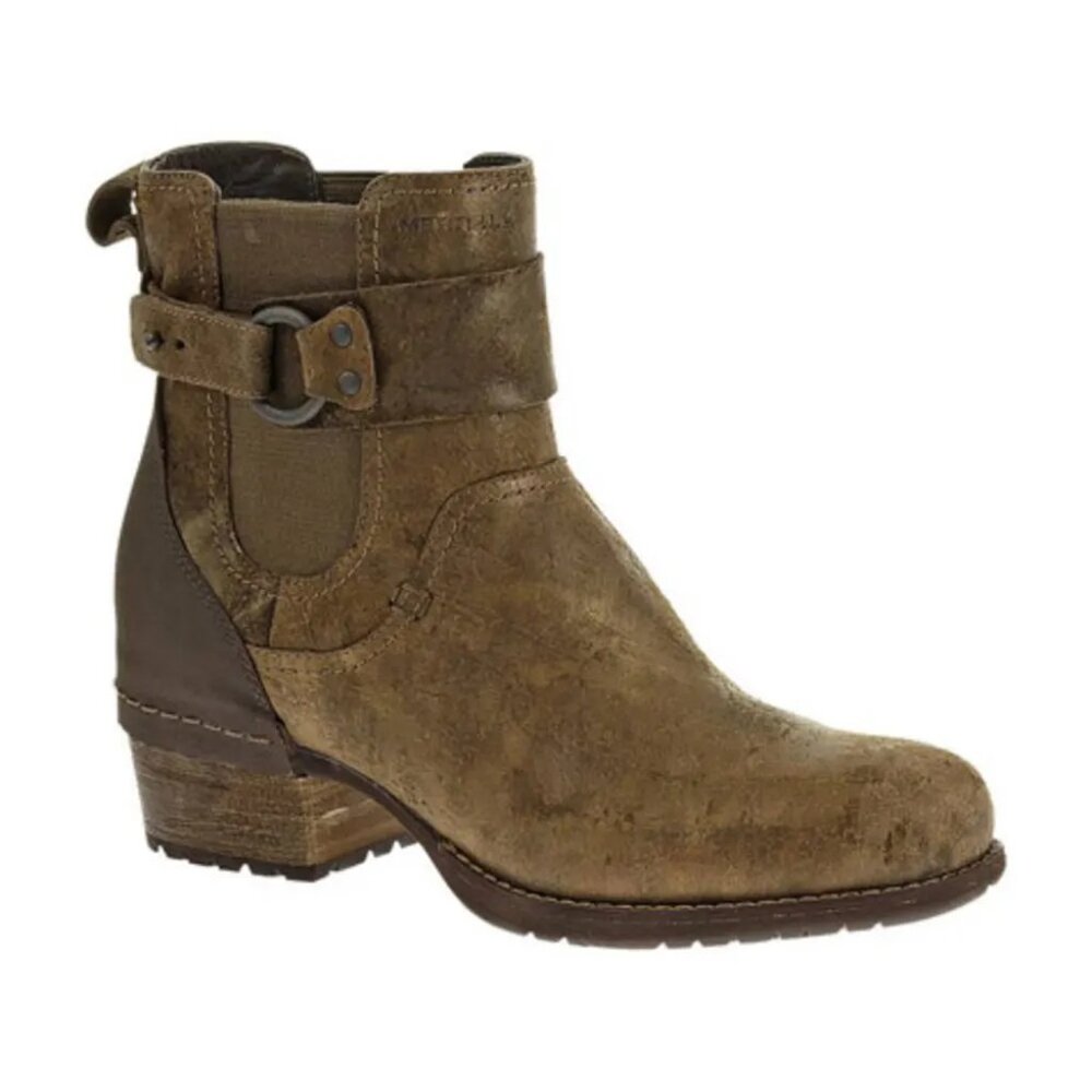 MERRELL Women's Shiloh Pull Boots Booties Distressed Leather Brown/Gold Size 8.5